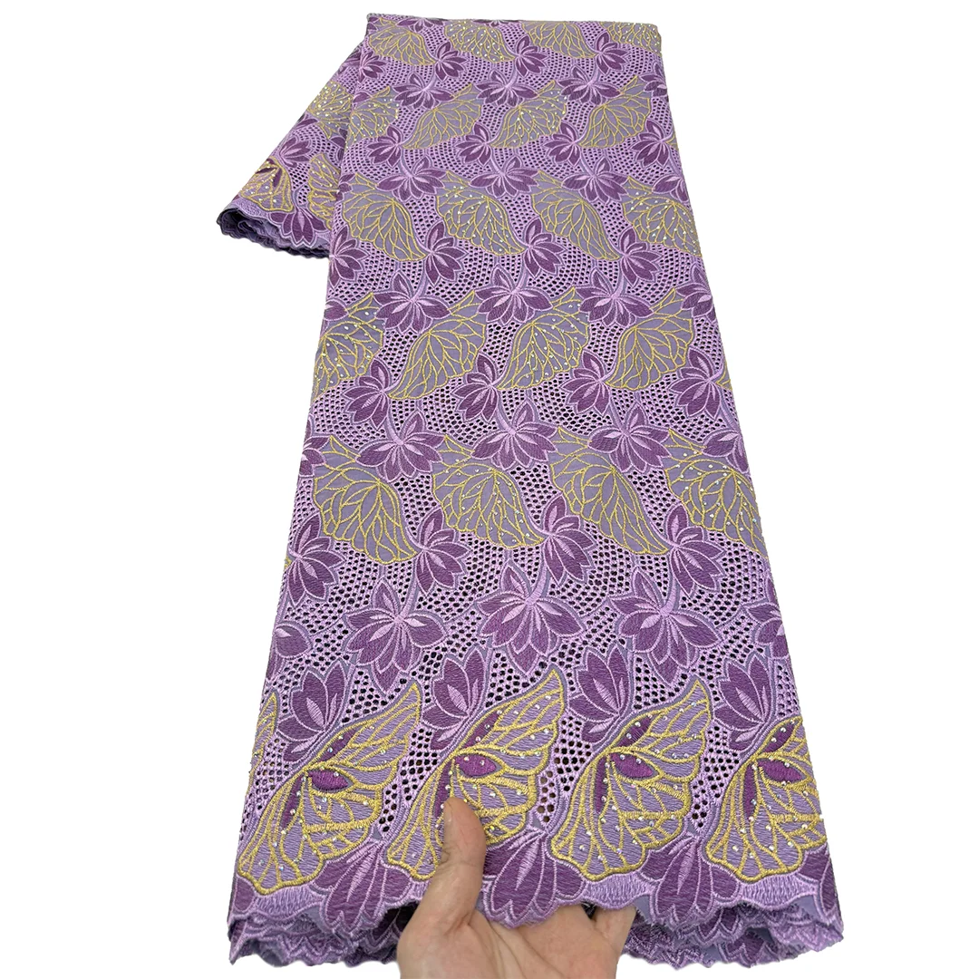 

Фиолетовая африканская швейцарская хлопковая кружевная ткань Voile 2026 года, высококачественная, 5 ярдов, вышитая нигерийская кружевная ткань для элегантных платьев, для шитья