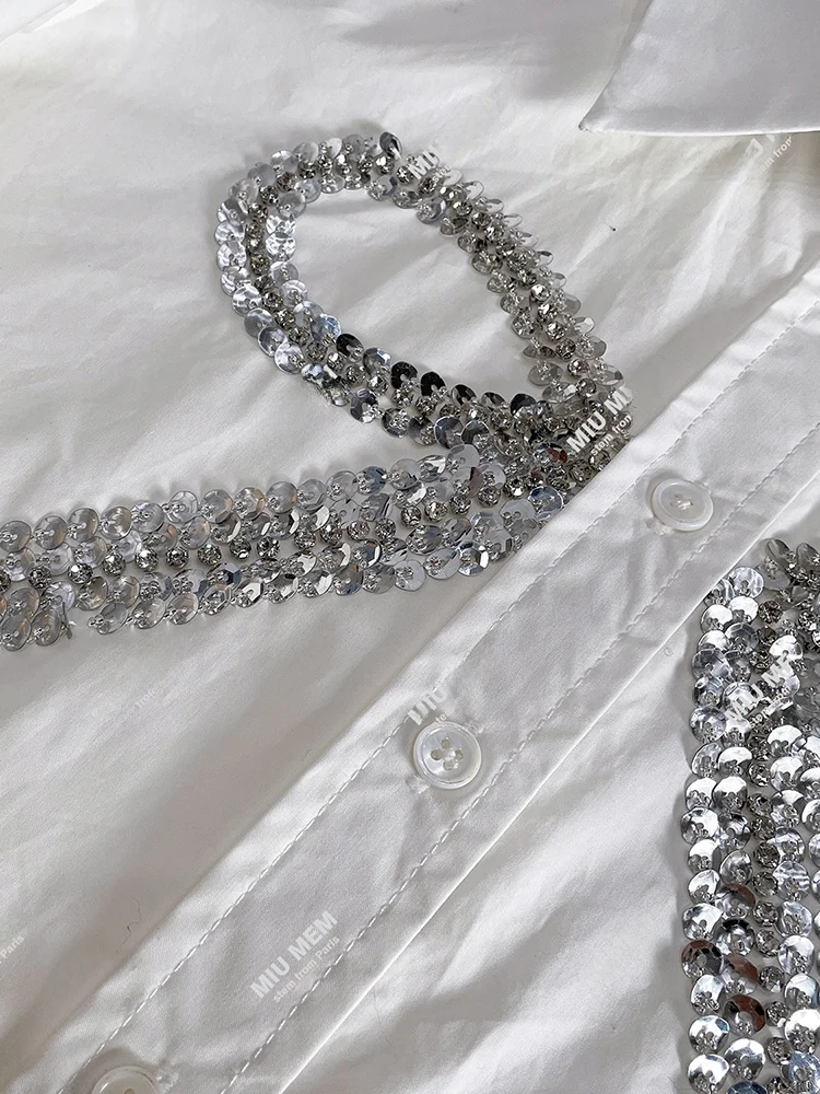 iny Sequin Women's irt Flip-Collar -Knot Top High-End European Sle Commute Loose Fit Long Sve Pure Color