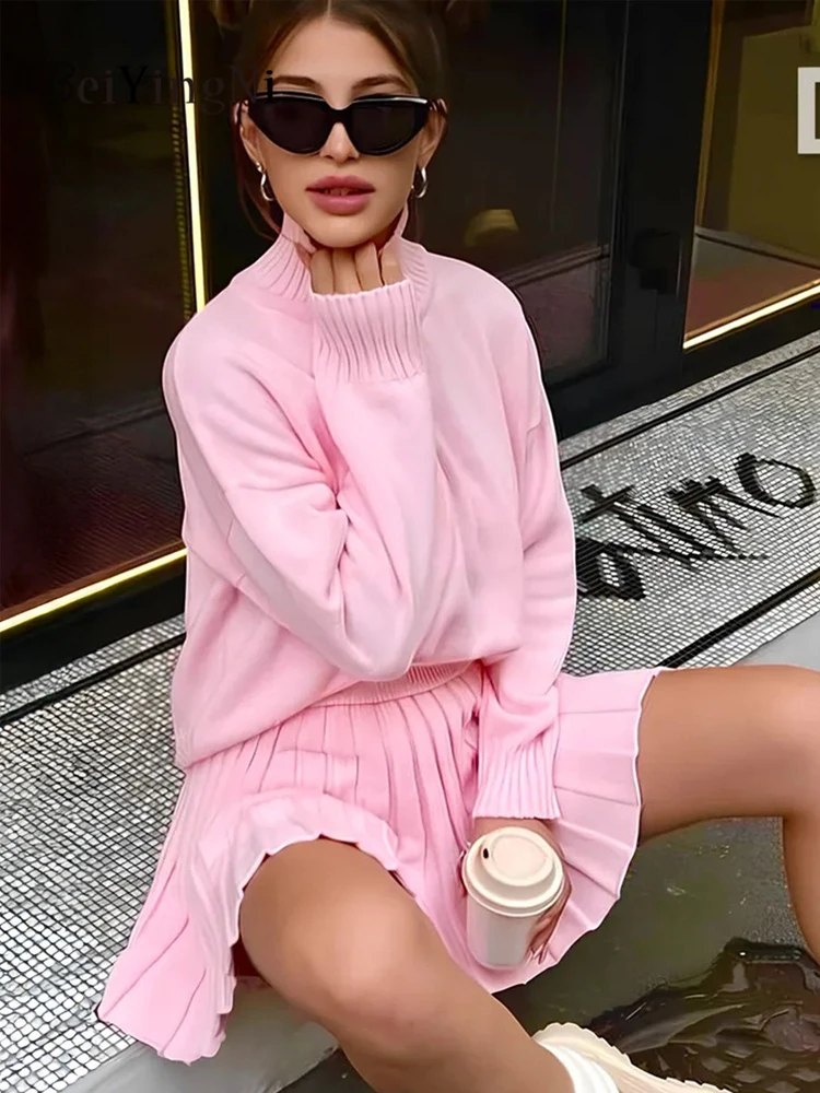 

Beiyingni 2025 Autumn Women's Turtleneck Sweater 2 Piece Set Casual Winter Knitted Mini Pleated Skirt Sets Female Pink New Lady
