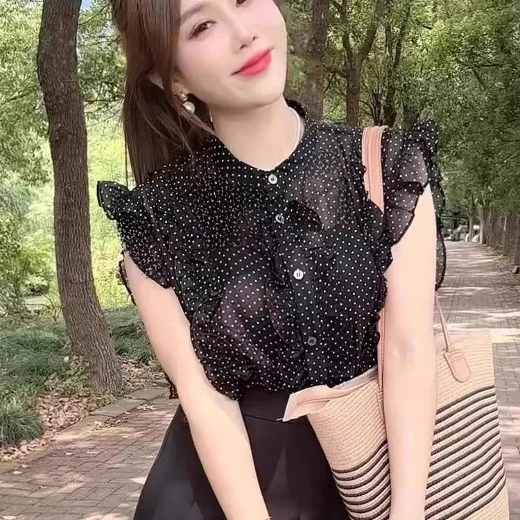 

Summer New Sle Polka Dot Chiffon irt Women's Svel Beautiful Faionable Small Top Korean Sle round Ne Blouse