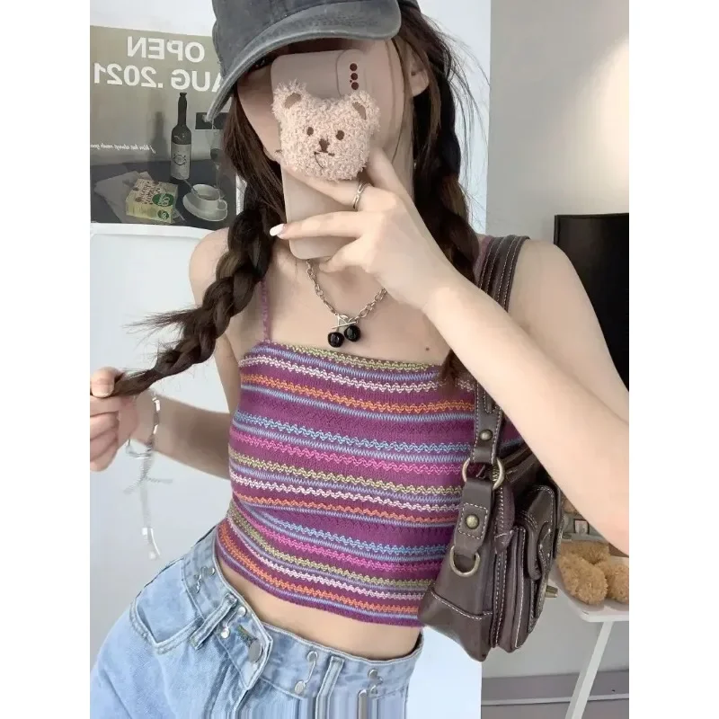 

Summer Women Knitted Small Vest Color Stripe Suspender Shirt Slim Fit High Street Short Sexy Sling Female Bottoming Tanks Tops