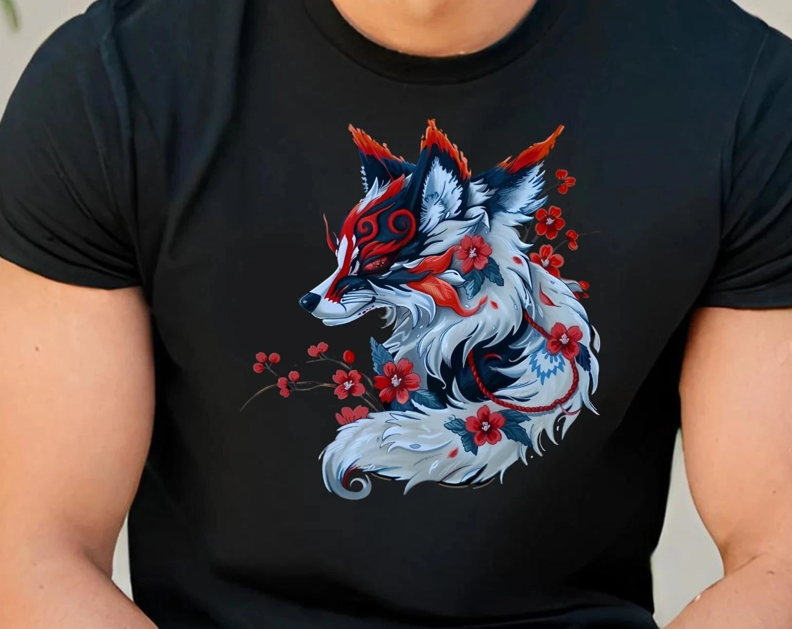 قميص الثعلب الياباني الجديد من Kitsune الأفضل مبيعًا، قميص الثعلب ذو التسعة الذيل، قميص شجرة ساكورا، الملابس اليابانية، ملابس الثعلب الياباني #1