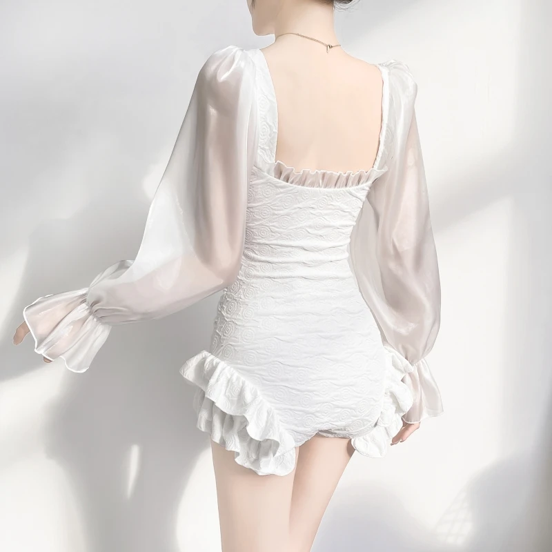 Women's 2025 New Ruffles Square Neck Long Sleeve Triangular One-piece Swimsuit Summer White Hollow Slim Seaside Party Swimwear