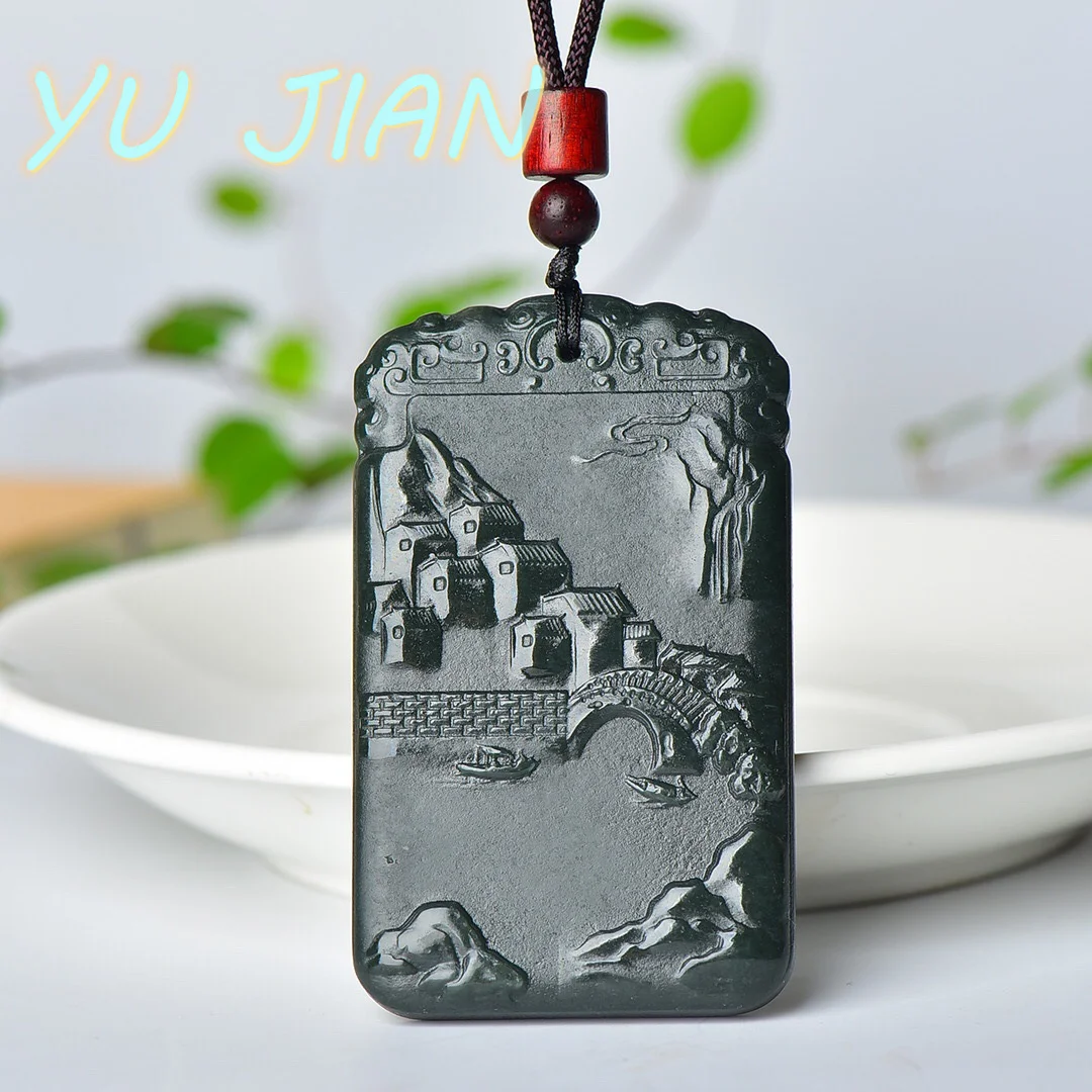 

A Grade Hetian Jade Landscape Picture Pendant Men Women Jadeite Necklace Auspicious Send Jade-chain Lucky Fengshui Brand Jewelry