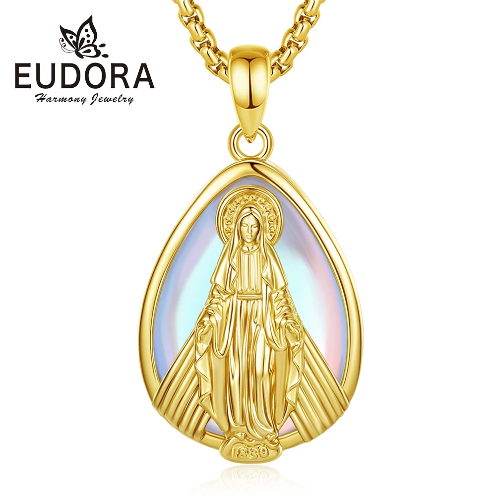 

Eudora Virgin Mary Moonstone Necklace Healing Crystal Stone Pendant Catholic Christian Amulet Energy Jewelry Mother's Day Gift
