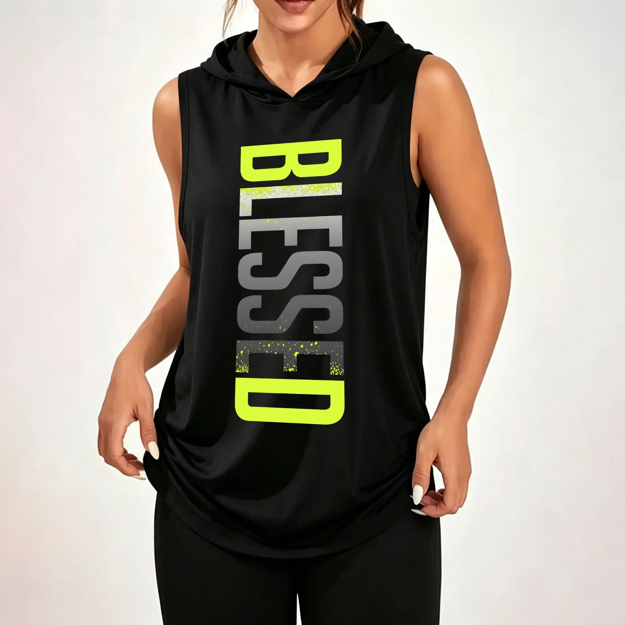 Women's Sleeveless Hoodie, BLESSED Vertical Gradient Splatter Letter Graphic Print Casual Hooded Tank Top