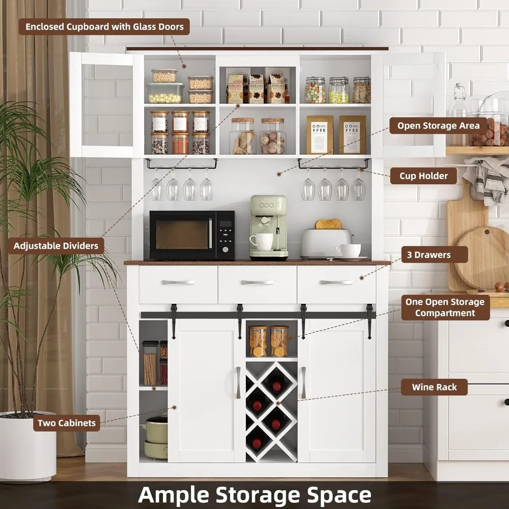 72" Tall Farmhouse Bar Cabinet with Sliding Barn Doors, Kitchen Pantry Storage Cabinet with Wine&Glass Racks