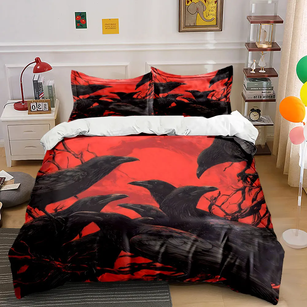 Dark crows gather on withered branches Pattern Duvet Cover Set Digital Print Colorful Polyester Bedding with Zipper Closur gifts