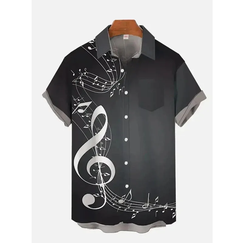 Roupas de camisa masculina havaiana, guitarra musical, roupas masculinas impressas em 3D, moda de praia diária de verão de manga curta, listra grande