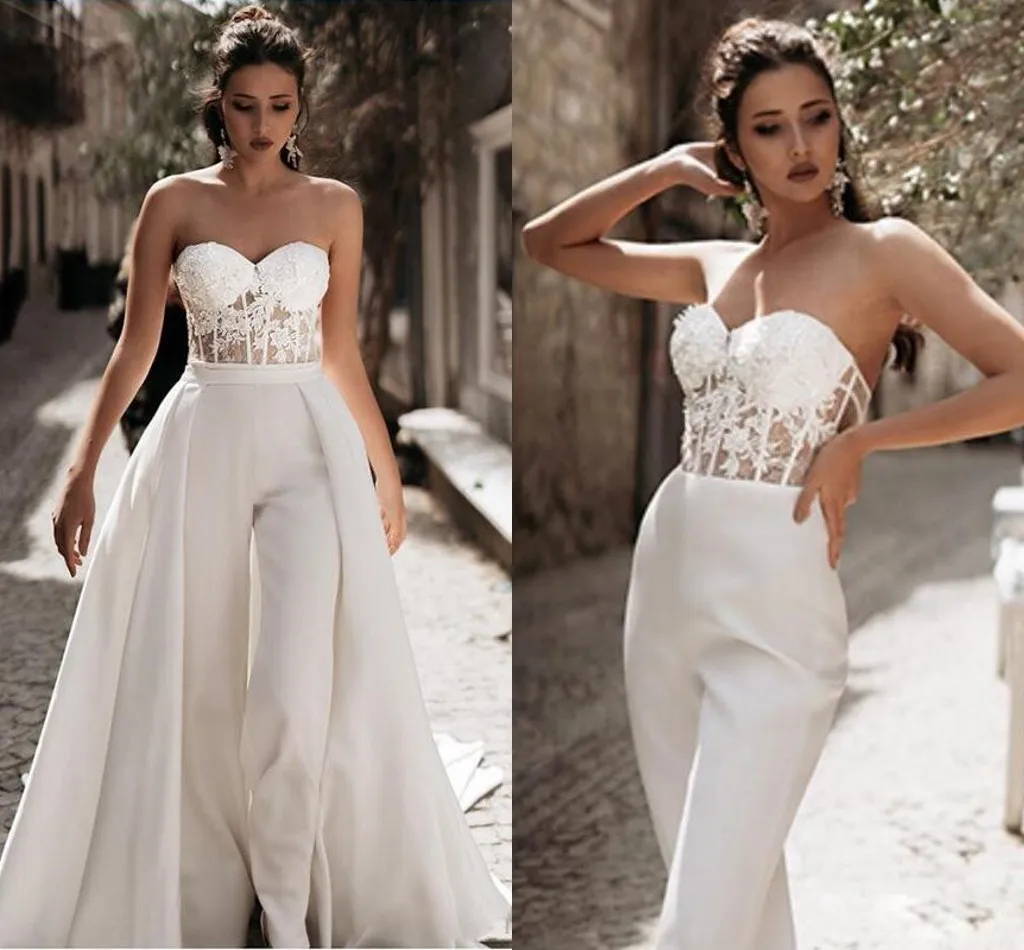 Sweetheart Jumpsuit Pants Suit Vestidos de casamento com trem destacável Beach Satin Lace Appliques Branco Marfim Elegante Vestidos De Noiva