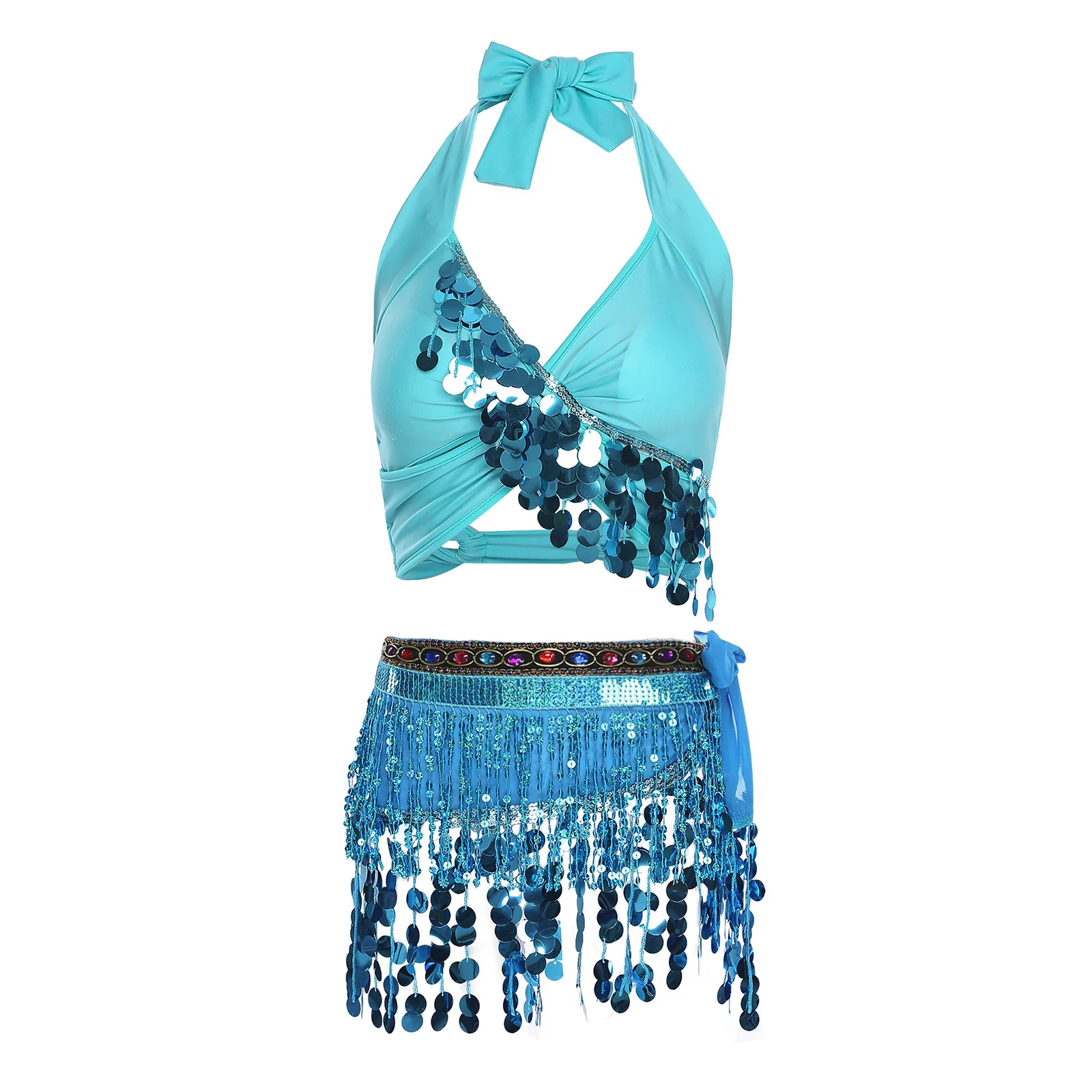

Women Sequin Tassel Belly Dance Outfit Bellydance Sets V Neck Chest Pad Crop Tops And Lace-up Hip Scarf for Latin India Dance