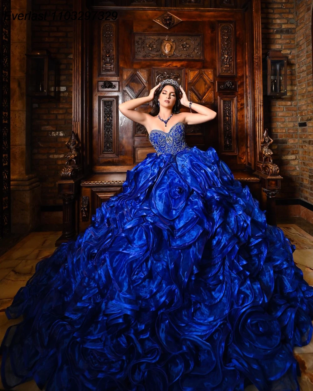 EVLAST Customized Royal Blue Ruffles Quinceanera Dress Ball Gown Beaded Tiered Sweet 16 Vestido De 15 Anos Customized QD1198