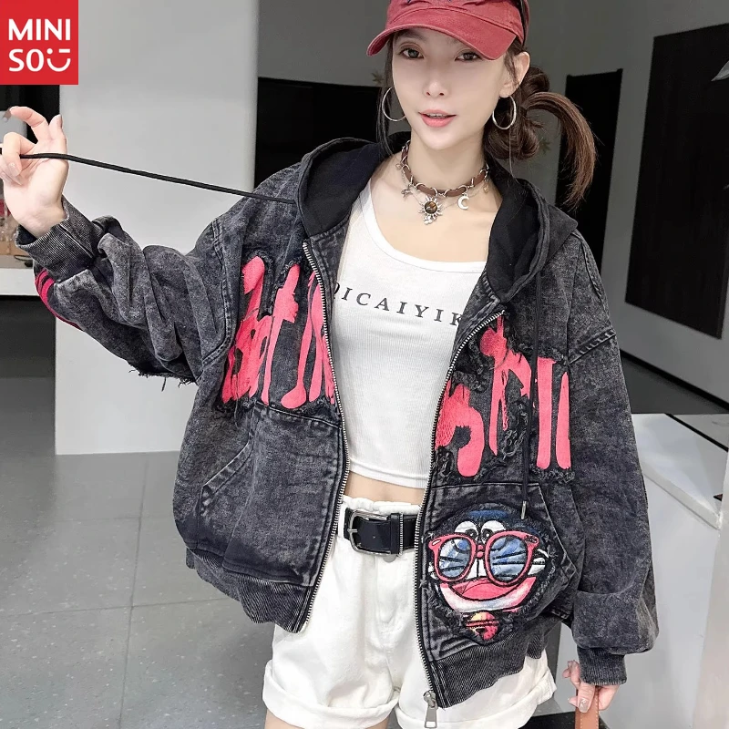 

Miniso Cartoon Hooded Denim Jacket 2025, Embroidered Patch Coat for Women