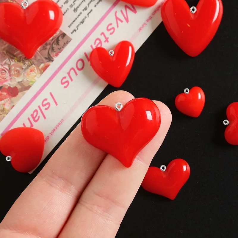 10Pcs Red Love Heart Resin Charms Glossy Pendants With Eye Pin DIY Jewelry Making Supplies For Necklace Earrings Keychain Ring