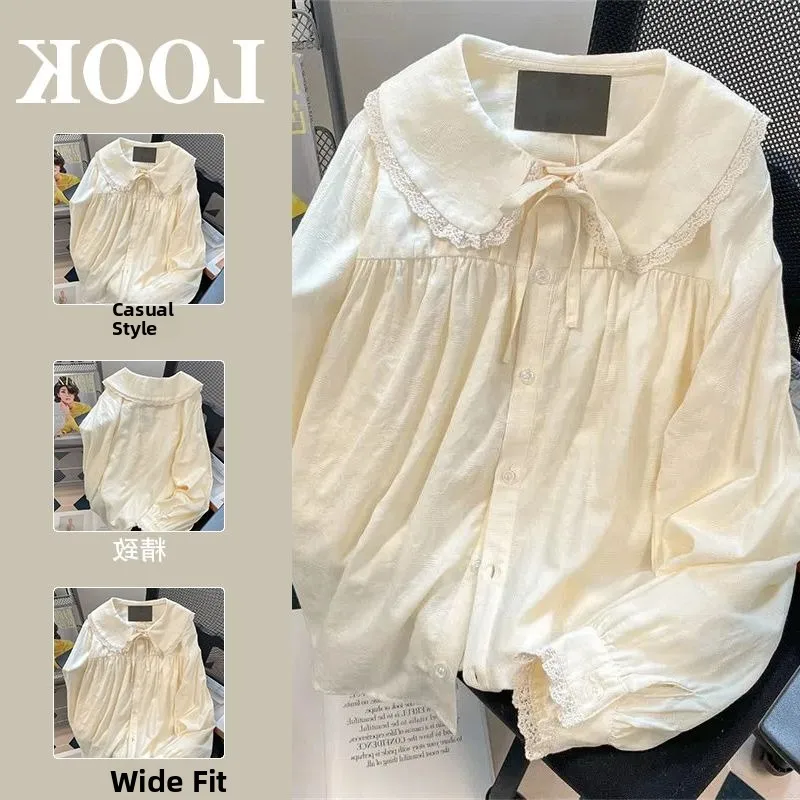 

Женская блузка больших размеров с цветочным кружевом, длинным рукавом, воротником-стойкой, свободного кроя, базовый топ в корейском стиле, однотонная, для повседневной носки, весенняя