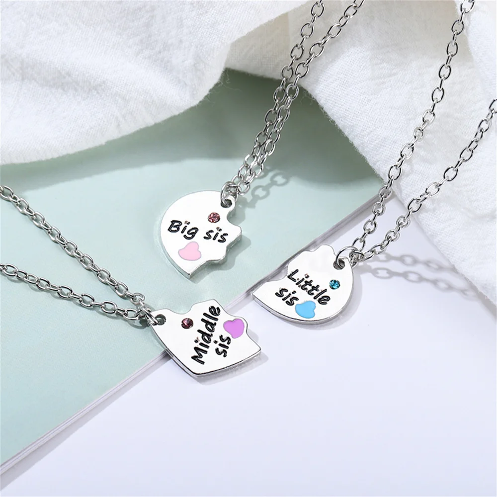 3 Pcs/Set Sisters Necklace For Women Heart Shape Letter Rhinestone Black Pink Pendant Lady Glamour Alloy Best Friends Forever