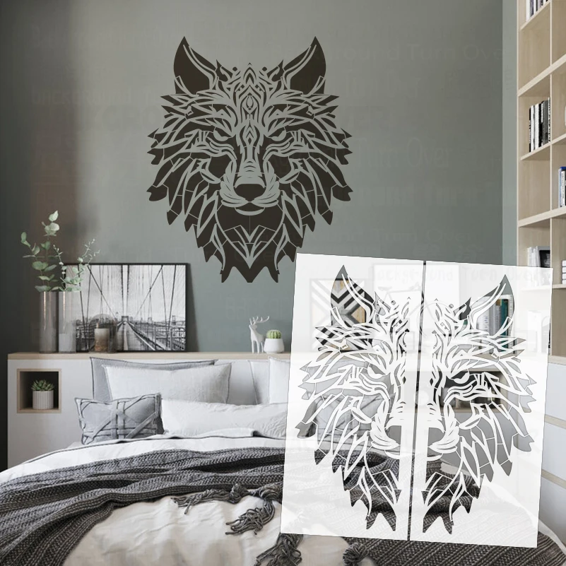 59cm - 107cm Stencil For Painting Plaster Wall Template To Paint Customize Wolf Head Silhouette Swirling Fur Tribal S623