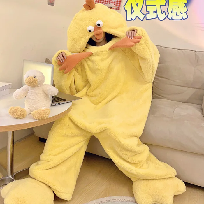 Women Onesies Little Yellow Chicken One-piece Pajamas Flannel Cute Funny Girls Homewear Cartoon Jumpsuit Couple Bestie Sleepwear