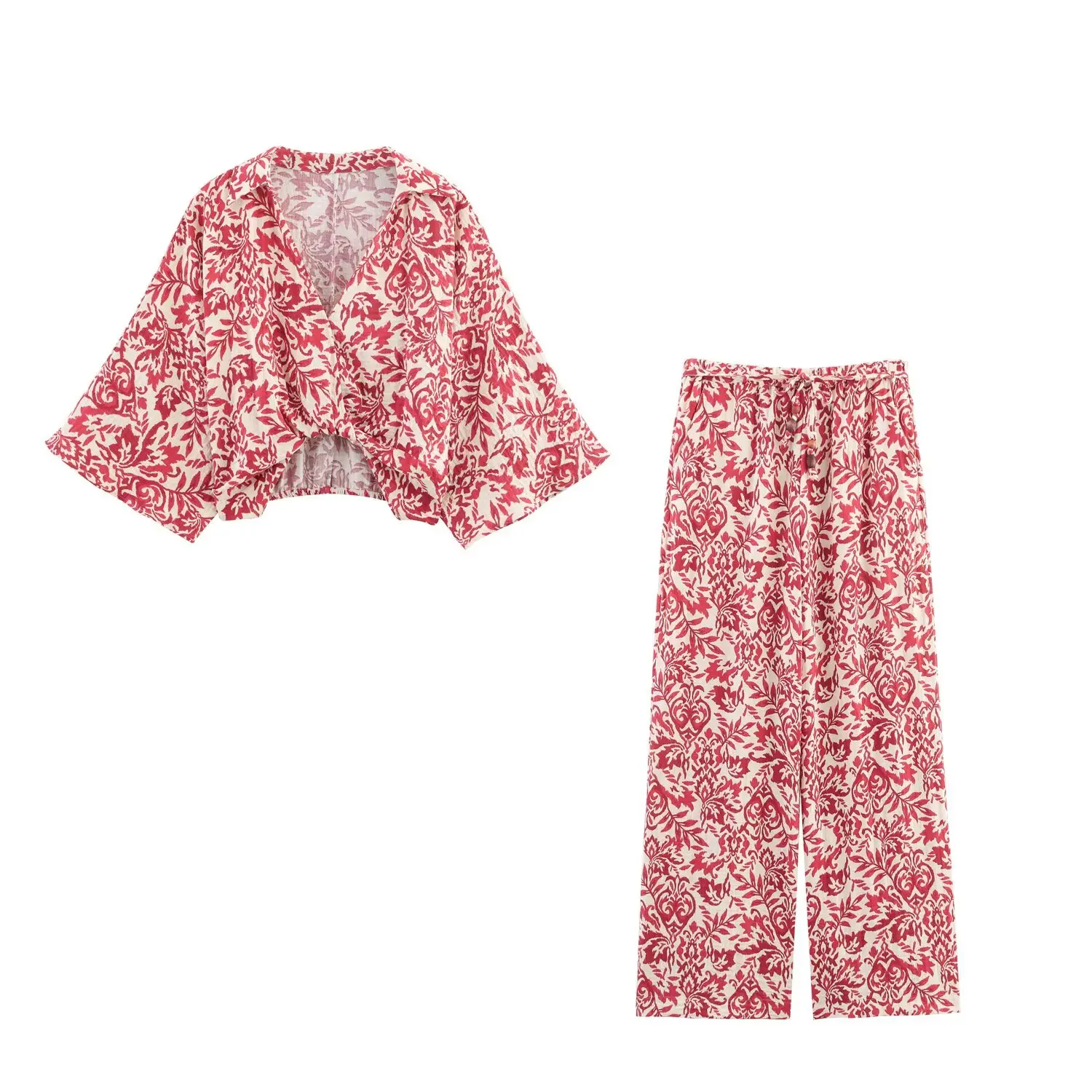 

PB&ZA2025 Summer New Women's Print Holiday Style Lapel Casual Short Top With Elastic Waist Drawstring Casual Pants