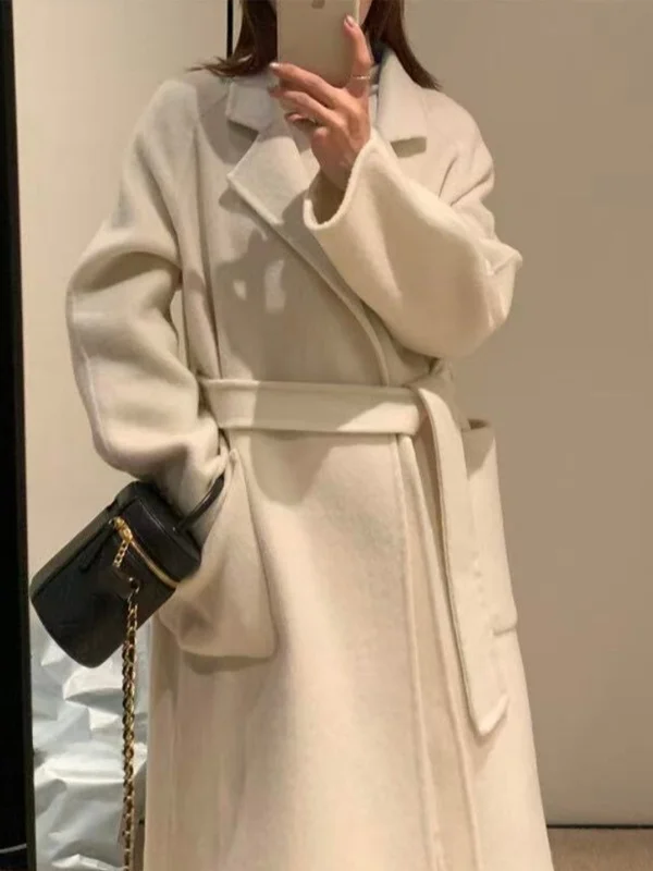 

Korean Sle Long Woolen Coat Women's Winter Versatile Slimming Suit Collar Belted Outerwear Ele Feel High-End Sensation
