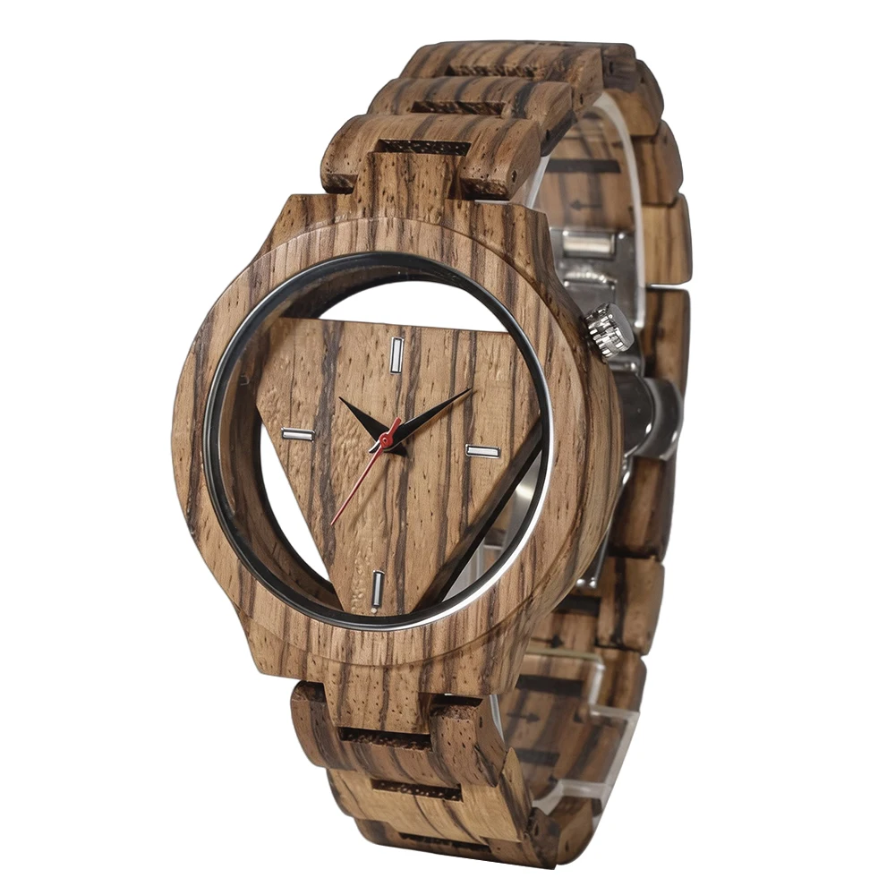 Handmade Bamboo Wood Wristwatch for Men with Skeleton Dial Analog Quartz Round Butterfly Clasp Wooden Watch