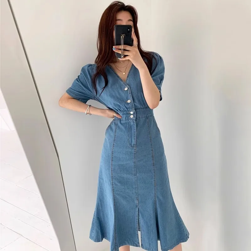 Women Summer Retro Midi Denim Dress Solid V Neck Button Sexy Split Slim Dress Korean Elegant Streetwear Ruched Dress