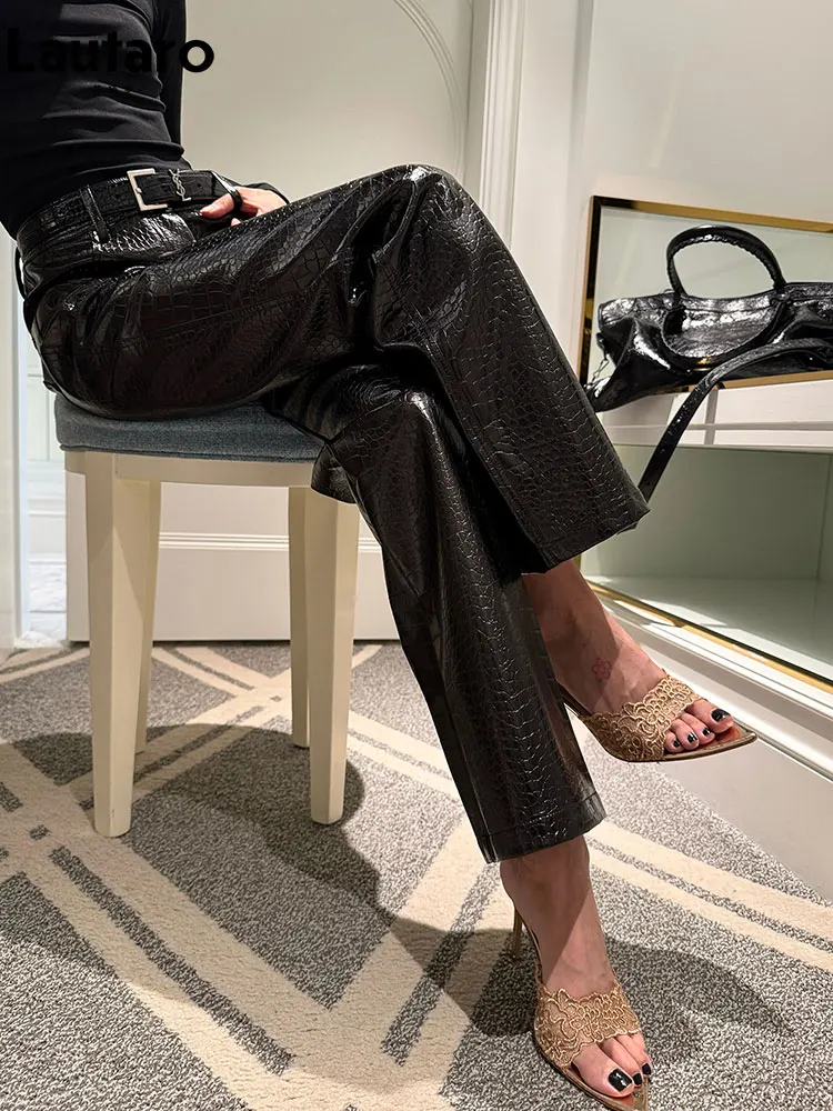 Lautaro Spring Shiny Crocodile Print Pu Leather Straight Pants Women Luxury Designer Clothes Chic High Waist New Collection 2026