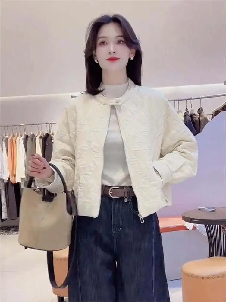 

Повседневная свободная женская хлопковая куртка с круглым вырезом, стеганая, в клетку, укороченная, в корейском стиле, бейсбольная куртка, удобная, хлопковая