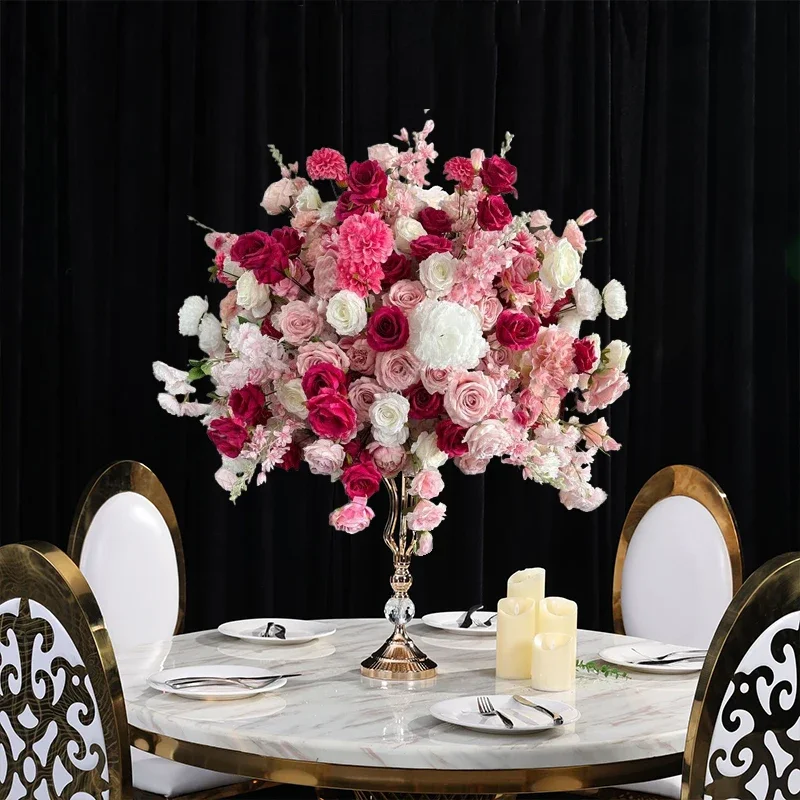Künstliche rosa Rosen mit grünen Blättern, Deko-Blumenkugeln für Tischdekorationen, Hochzeitstisch-Accessoires, Bühnendekoration, florale Präsentation. – Detail 9