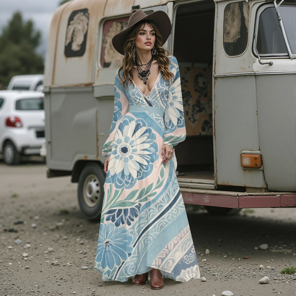 Sukienka maxi w stylu boho z kwiatowym wzorem hibiskusa, damska sukienka długa z głębokim dekoltem w serek, szyfonowa, z bufiastymi rękawami, zwiewna sukienka plażowa dla gościa weselnego.