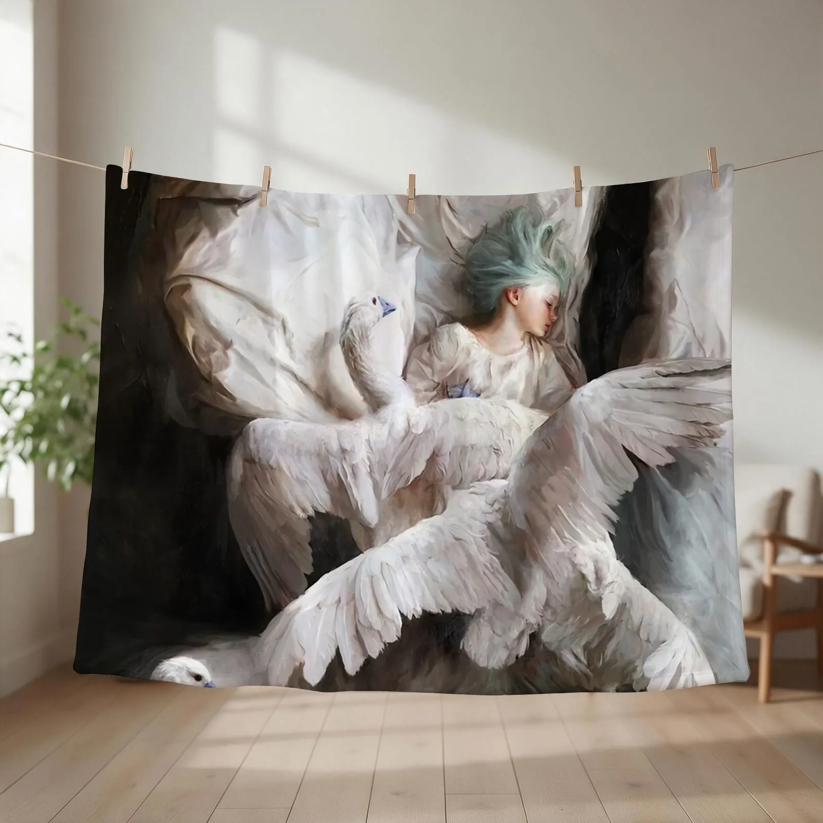 The Swan Landing - Guillermo Lorca Garcia Throw Blanket couch cozy soft plush fuzzy picnic outdoor blanket