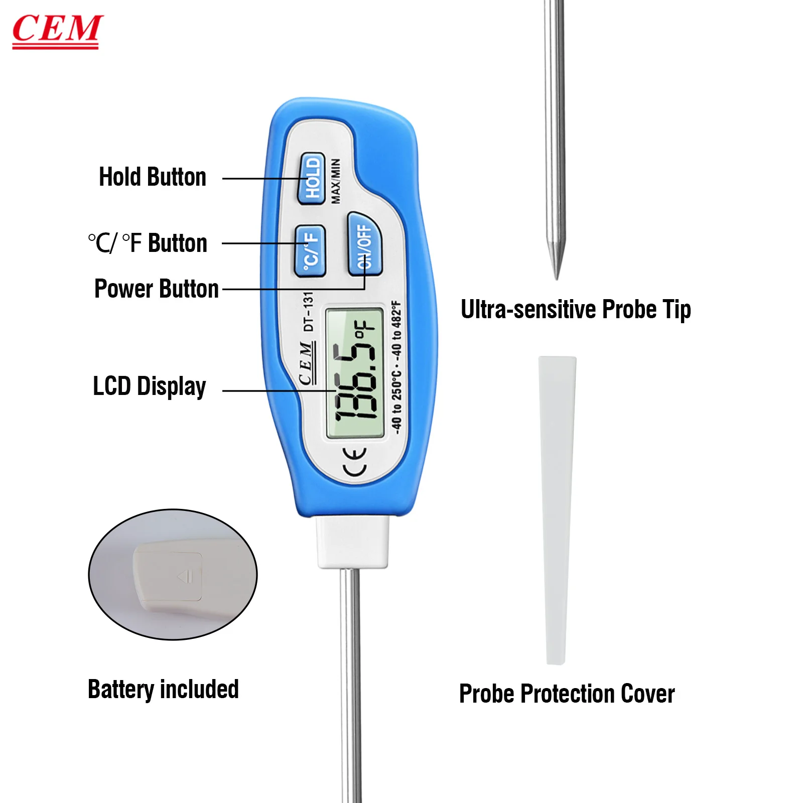 ميزان حرارة اللحوم الرقمي CEM، قراءة فورية مع مسبار طويل عالي الدقة وإضاءة خلفية للشواية والشواء والفرن والمطبخ