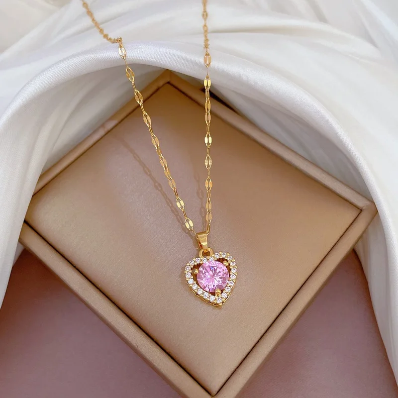 Trend ige Herz Edelstahl Zirkonia Halsketten für Frauen Mädchen lieben Gold Farbe Metall Halskette Party Geburtstag täglichen Schmuck
