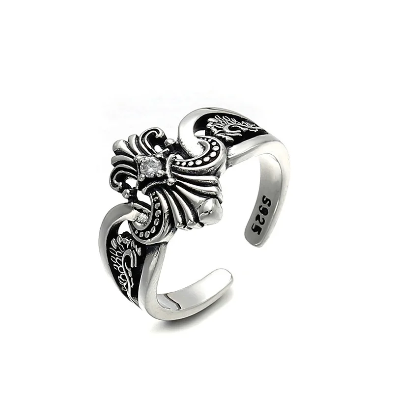 Marcasite S925 prata anel de acabamento antigo para homens, âncora de barco, cruz, punk, hip hop, anel único, simples