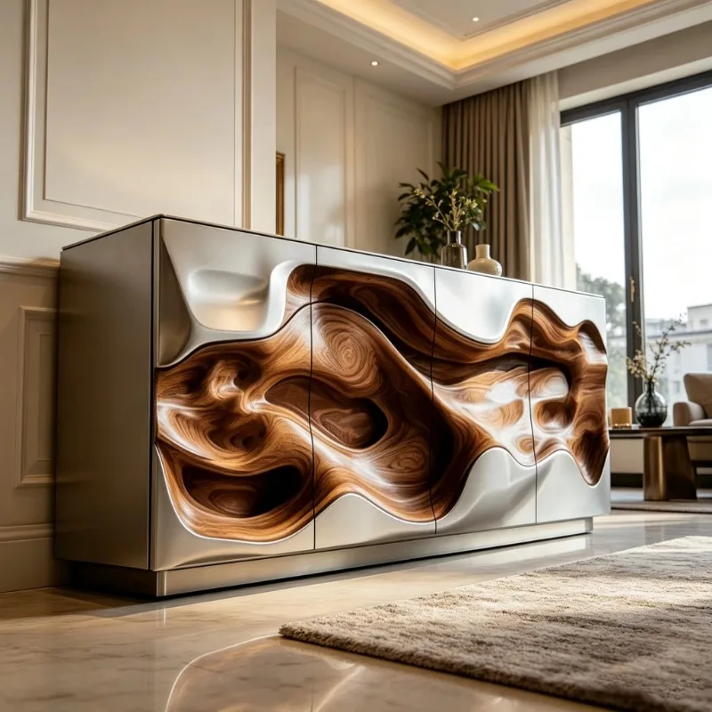 Wavy curved fiberglass storage cabinet with spiral-shaped natural wood carved panels and a silver matte frame