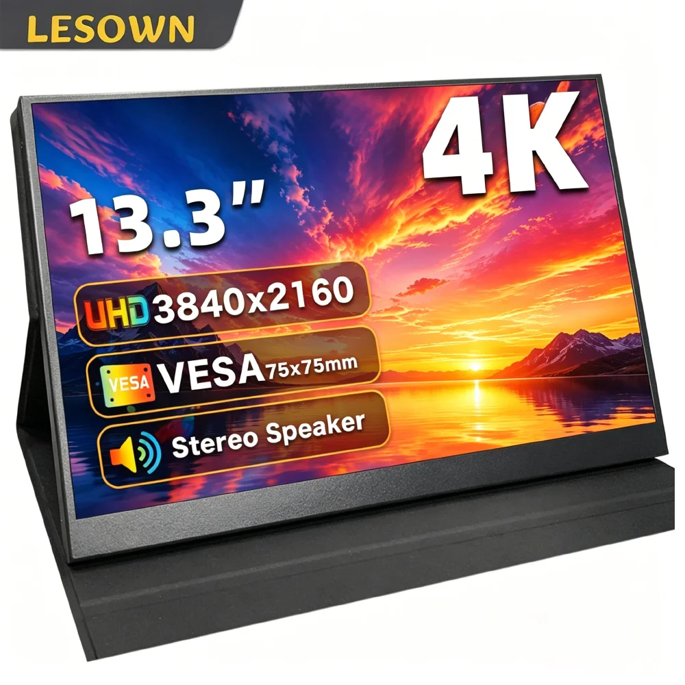 LESOWN 13.3 Inch 4K Portable Monitor UHD Display Driver-free External Screen with Speakers for Laptop