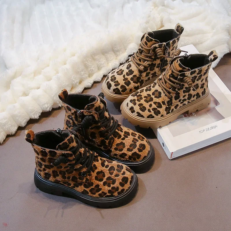 Winter Girls' Boots New Fashion Leopard Printed Children's Causal Ankle Boots Versatile Kids Platform Cotton Boots Comfortable