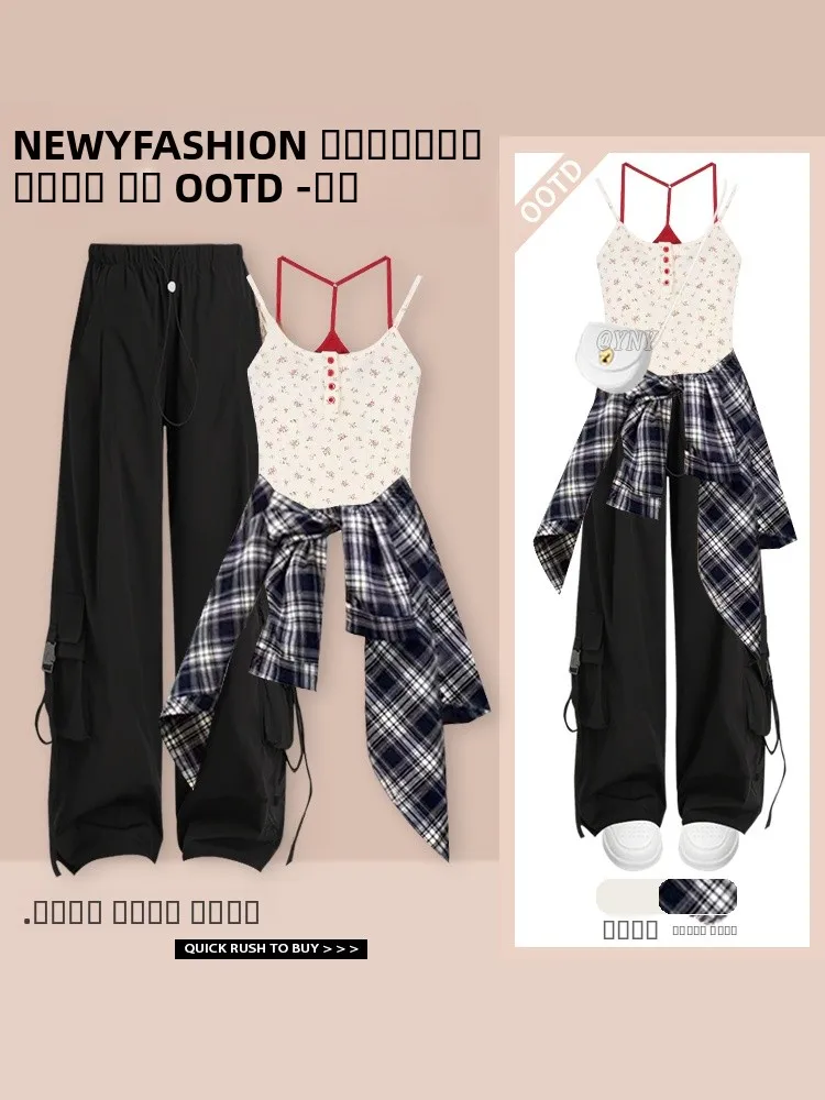 

Sweet Cool Street Faion Set Женский осенний новый солнцезащитный клетчатый комплект с высокой талией и ремешком, повседневные брюки, комплект футболок...