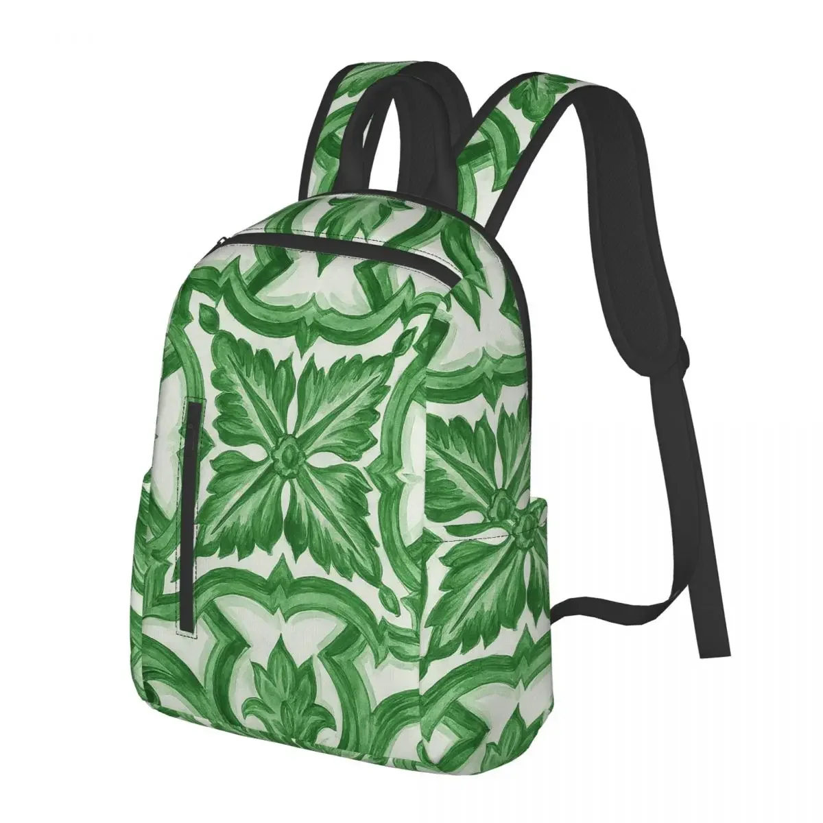 

Green Ornate Floral Mediterranean Sicilian Tile Student Backpack School Bag for Boys Girls Fashion Bookbag Shoulder Bags