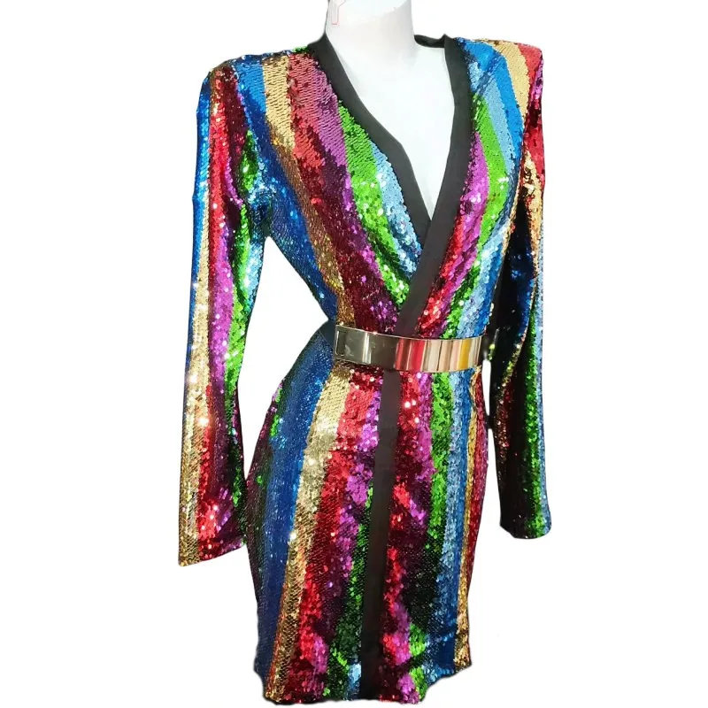 

Colorful Striped Sequin Cardigan Blazer Dress Nightclub Bar Concert Women Singer Stage Shiny Coat Party Show Performance Costume