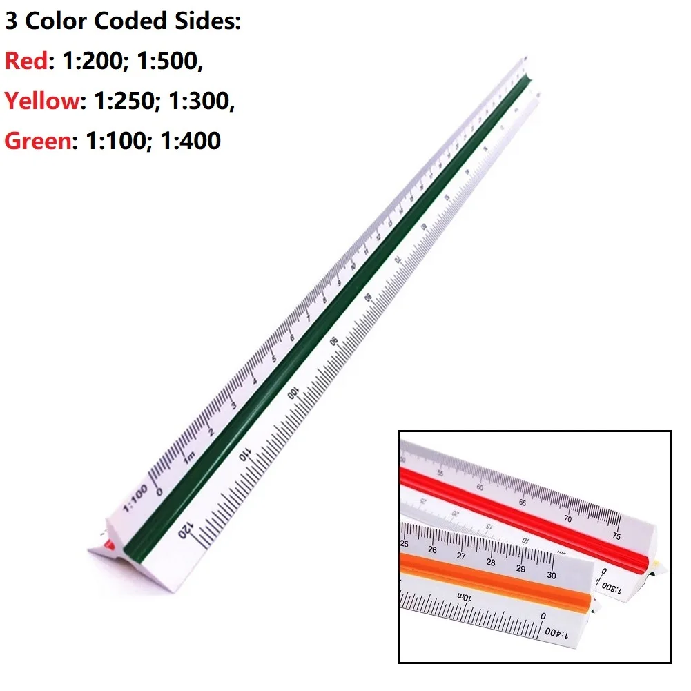 Tri Ruler Professional Triangular Metric Scale Ruler 30cm Length Color Coded Sides Architects and Engineers Tool