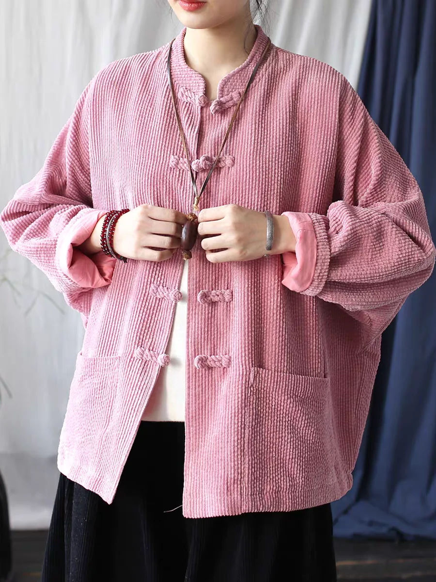 

Retro Corduroy Jaet Loose Ethnic Sle Button up Stand Collar Long Sve Women's Outerwear Autumn Winter Faion Ladies' Coat