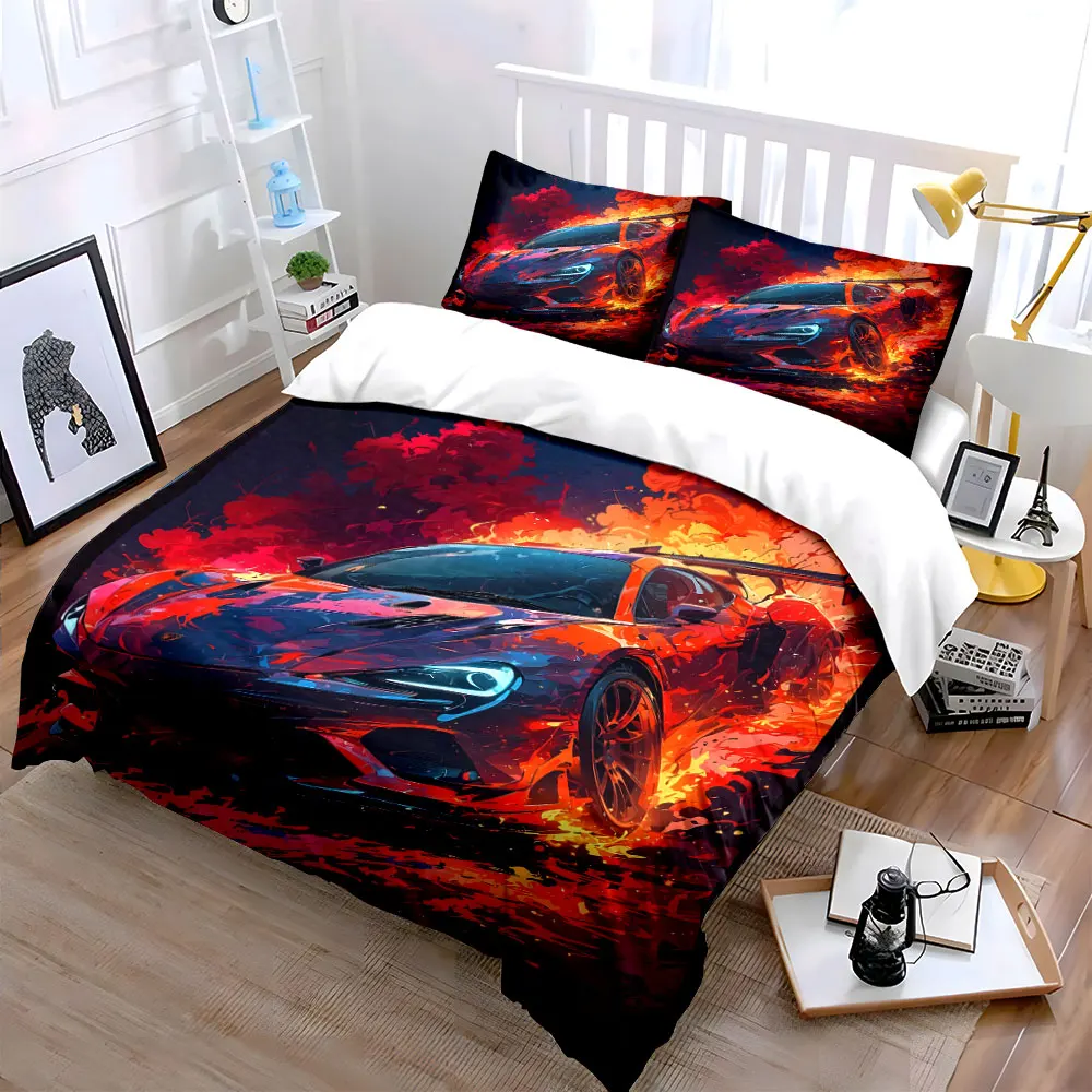 Vibrant race car with fiery effects Print Bedding Set 1 Duvet Cover 2 Pillowcases for Adult and Children Luxury Gift Full Size