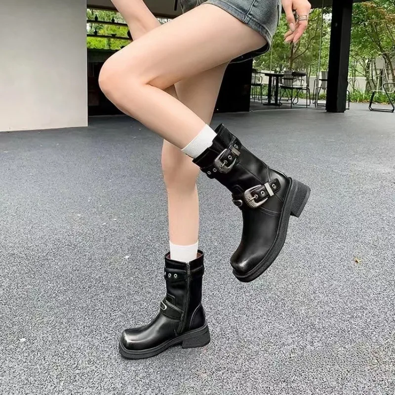 2025 rétro bout carré boucle de ceinture mi bottes à talons pour les femmes en automne semelle épaisse talon épais fermeture éclair latérale mi-talon bottes de chevalier