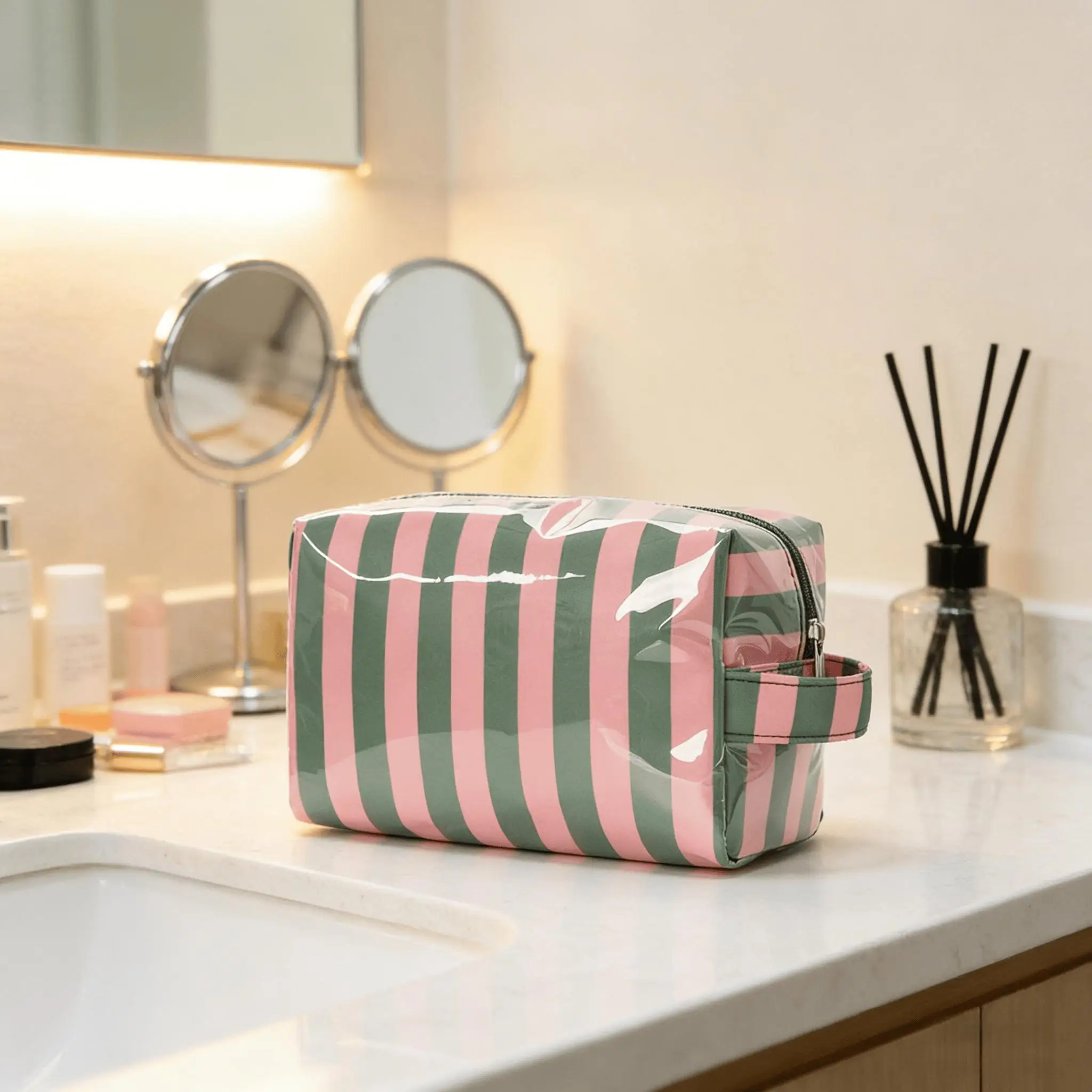 Striped Toiletry Bag Women's Travel Cosmetic Storage Bag Portable Casual Makeup Organizer for Business Trip