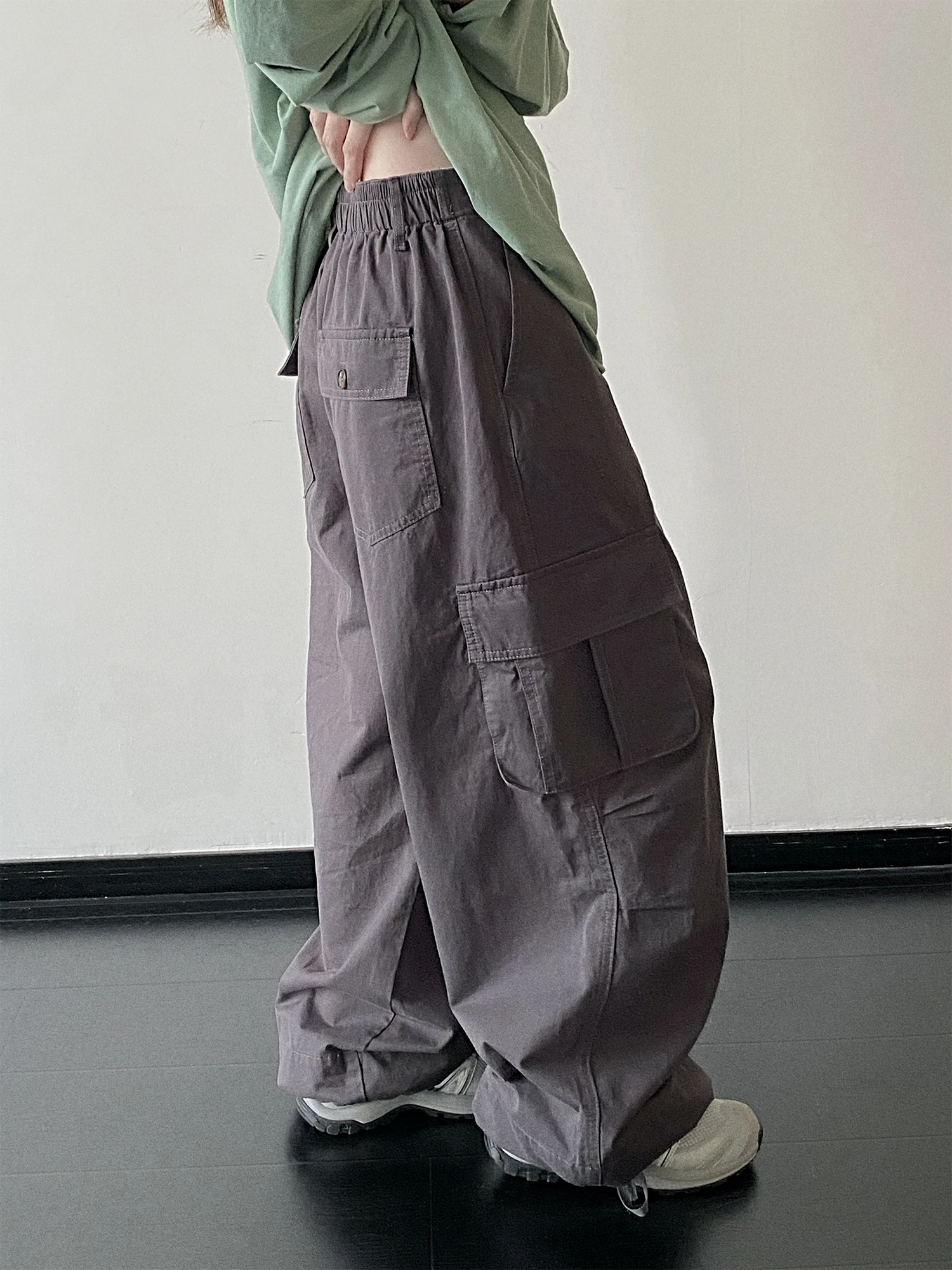 SunYeo Vintage Washed Loose Fit Autumn High Waist Wide Leg Pants Workwear Trousers Cuffed Elastic Waist Cargo Pants