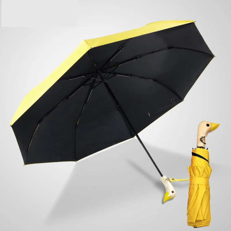 Cute Duck Wooden Handle Umbrellas Folding Automatic Anti-UV Windproof Black Coating Lady Portable Sun Parasol Umbrella Academy