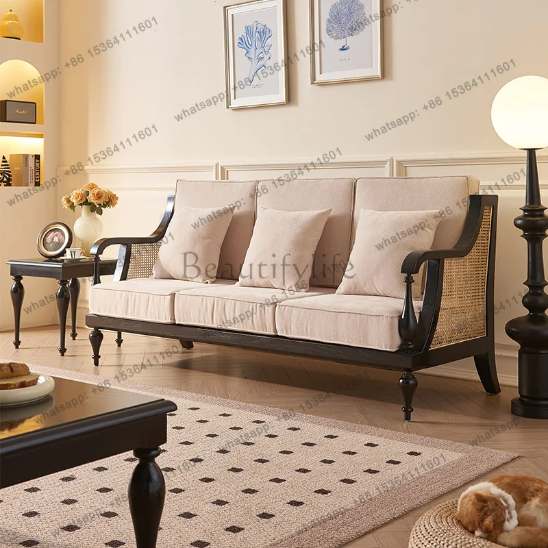 Nordic black ash wood rattan single and double triple sofa lobby solid wood sofa