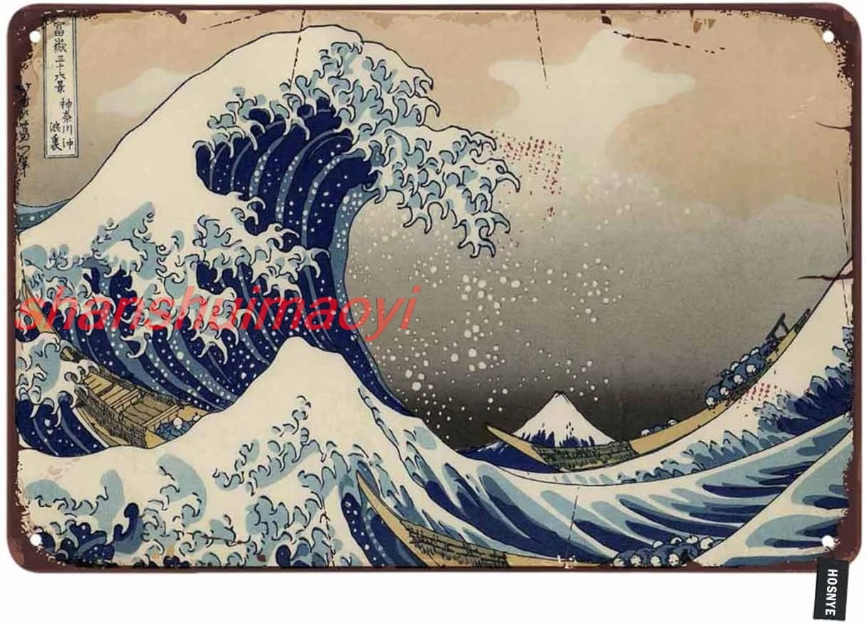 HOSNYE the Great Wave off Kanagawa Tin Sign Vintage Metal Tin Signs for Men Women Wall Art Decor for Home Bars Clubs Cafes ASC