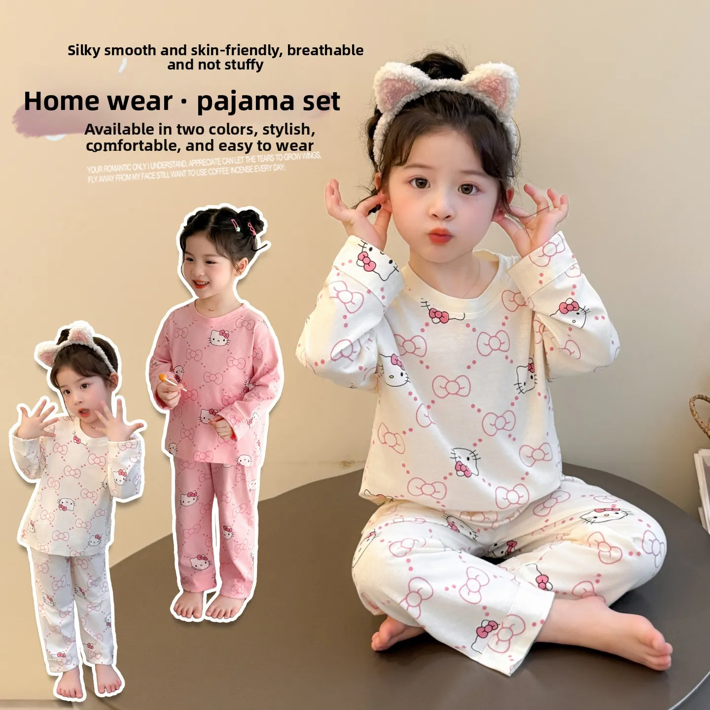 

Пижама для девочек Sanrio Kuromi 2026, весенне-осенний комплект из 2 предметов, домашняя одежда Hello Kitty, хлопковая пижама My Melody